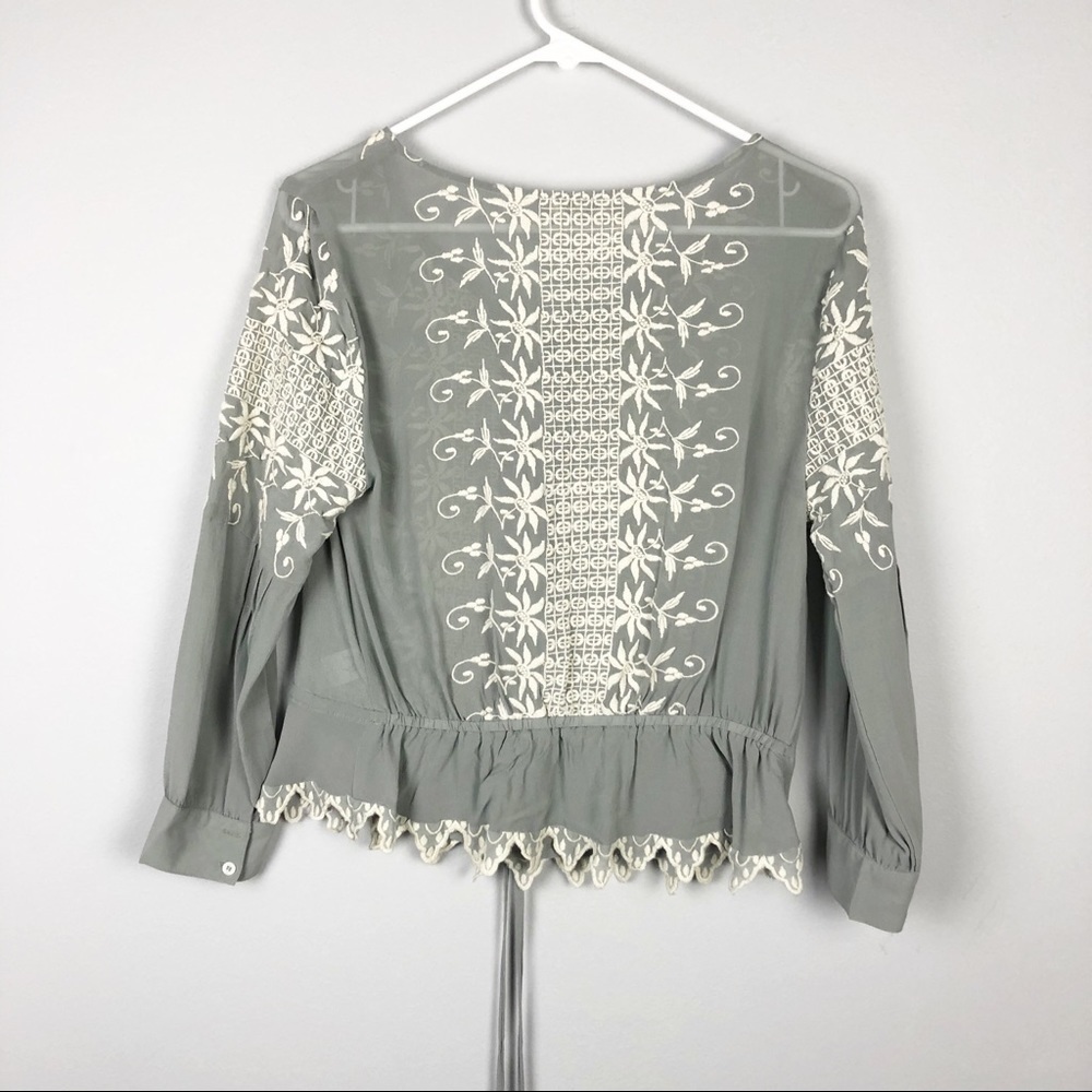 LoveShackFancy Embroidered Silk Georgette Long Sleeve Prairie Top Green Casual - Picture 4 of 11